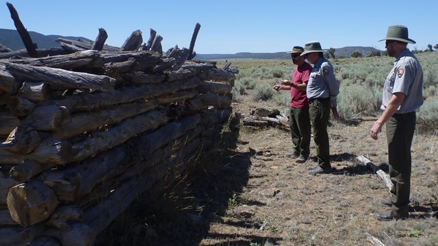 Three men looking at historic log home wall